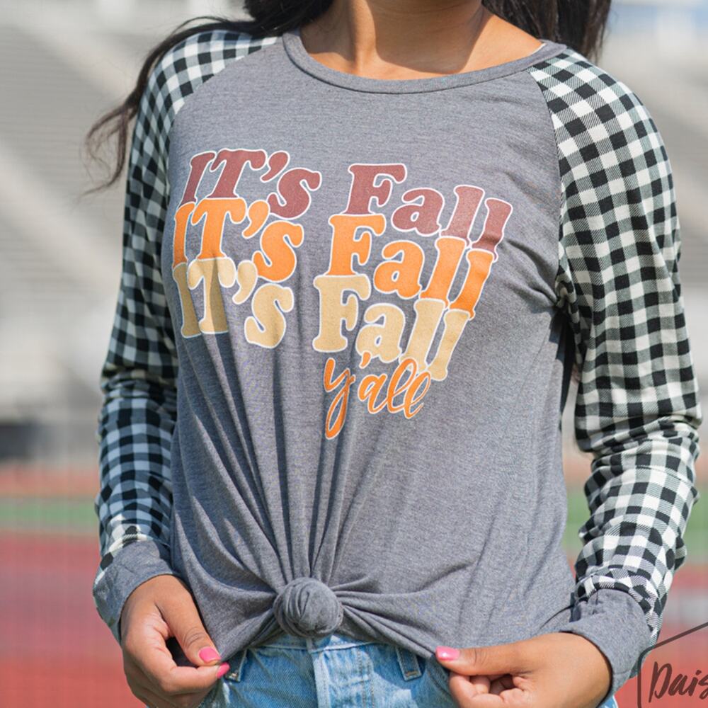 Grey Long Sleeve Tee with Gingham Sleeves